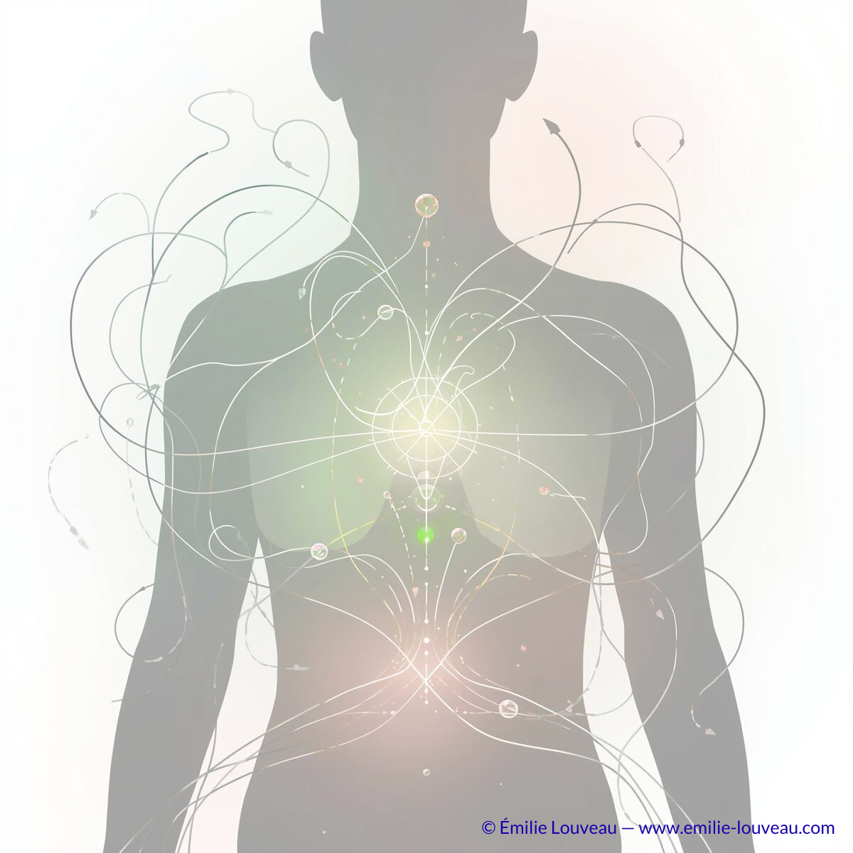 Illustration du corps qui réagit après un traumatisme : tensions musculaires, cœur accéléré, ventre noué et traces corporelles liées au système nerveux.