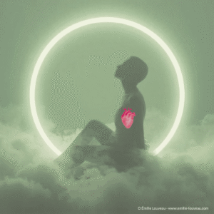 Infographie illustrant le retour à la sécurité intérieure après un traumatisme, symbolisé par une silhouette apaisée entourée d’un halo protecteur.